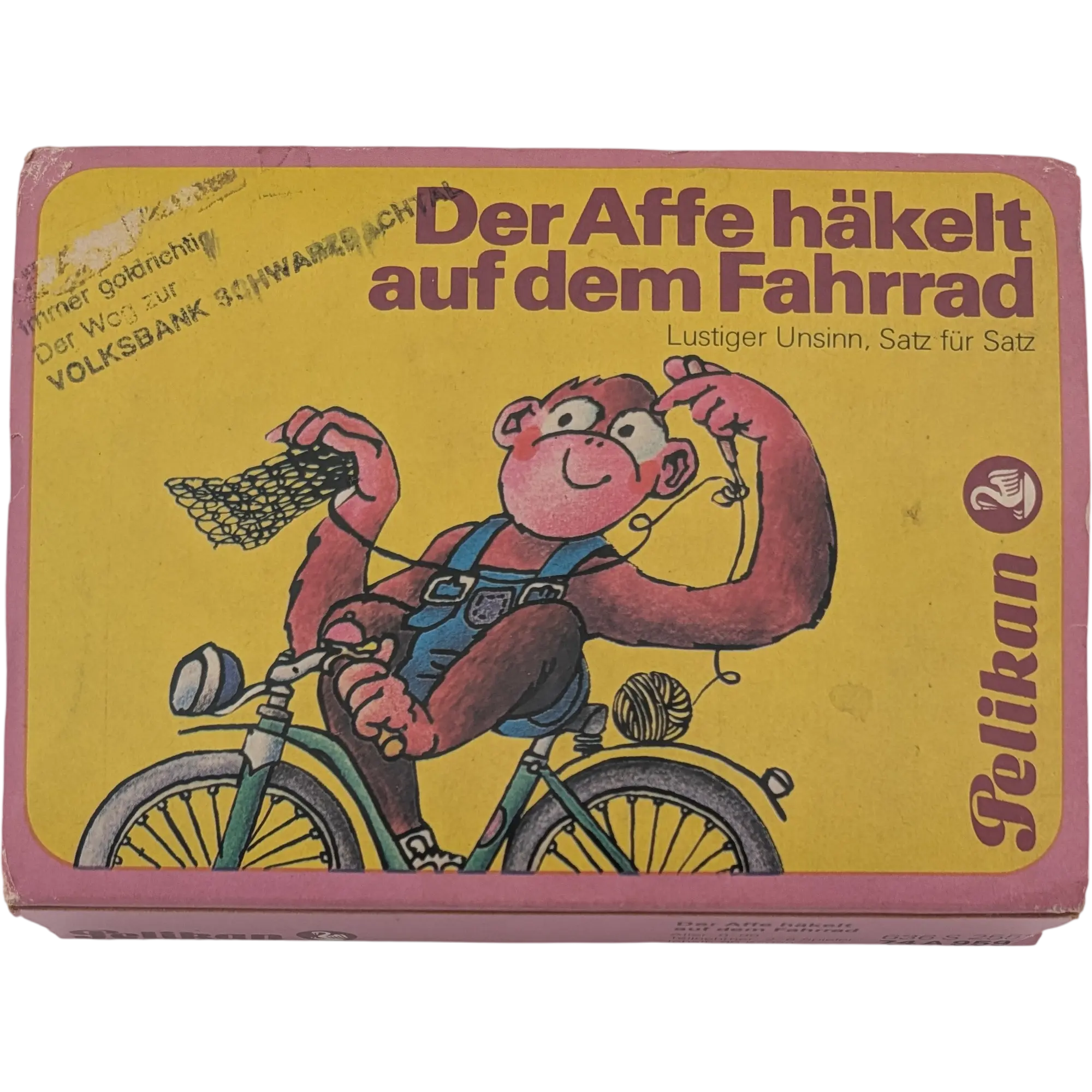 Pelikan der Affe häkelt auf dem Fahrrad Lustiger Unsinn, Satz für Satz