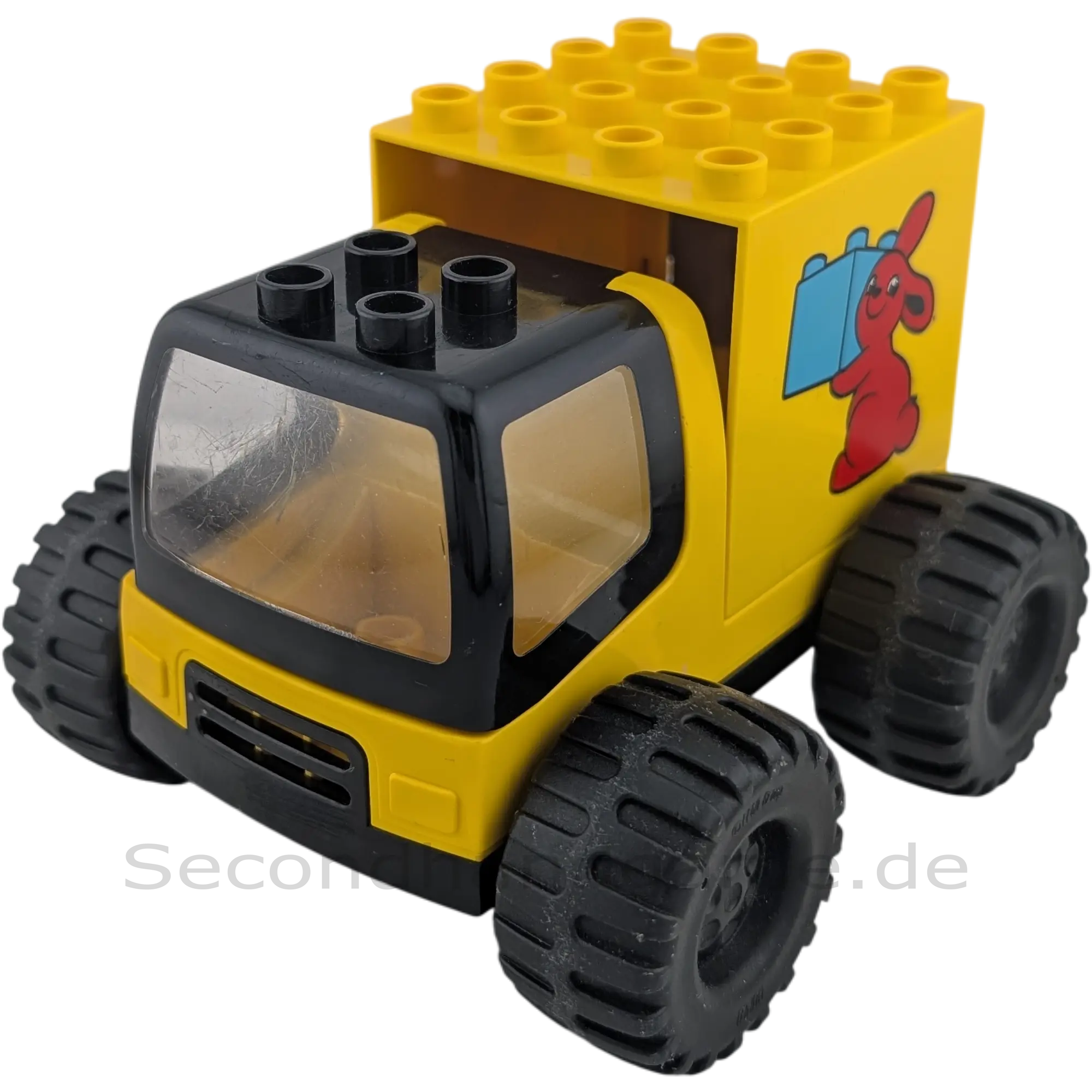 Lego Duplo Lastwagen Gelb mit blauem Stein und rotem Hase drauf