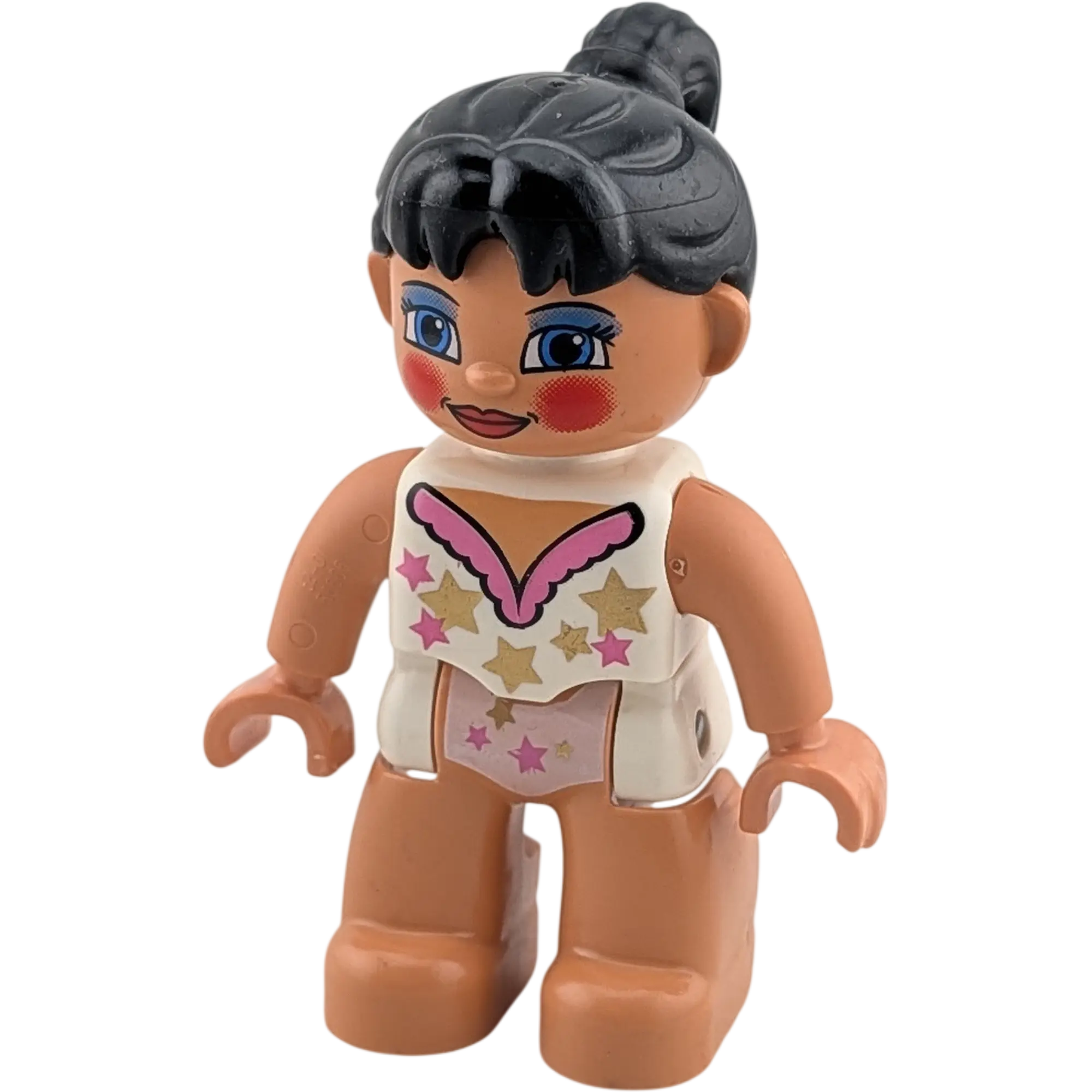 Lego Duplo Figur Frau Zirkus Artistin Schwarze Haare Zopf Weißes Oberteil mit Sternen