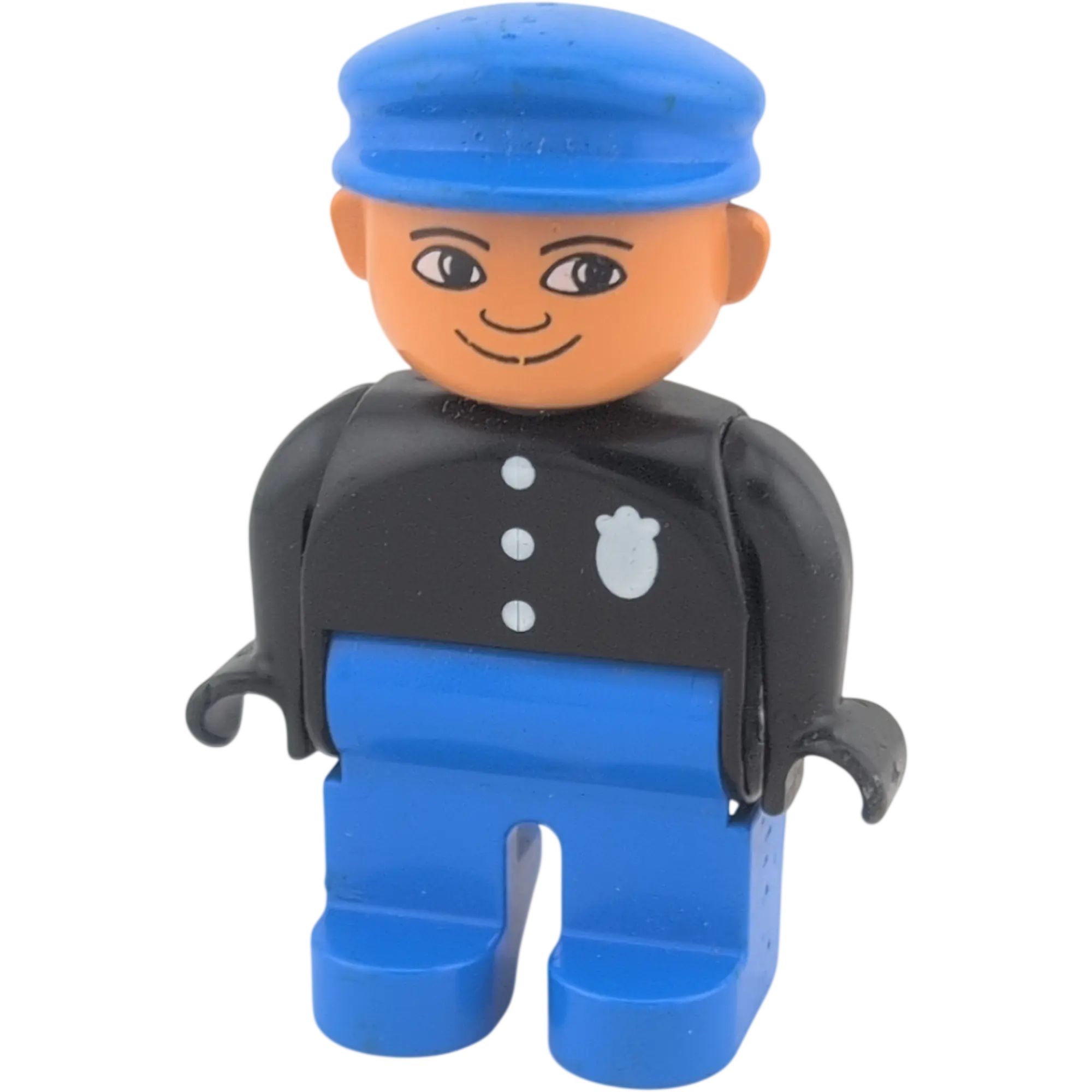 Lego Duplo 4555 Mann Polizist Sheriff mit Marke, blaue Hose, blaue Basecap, schwarzes Oberteil mit Knöpfen