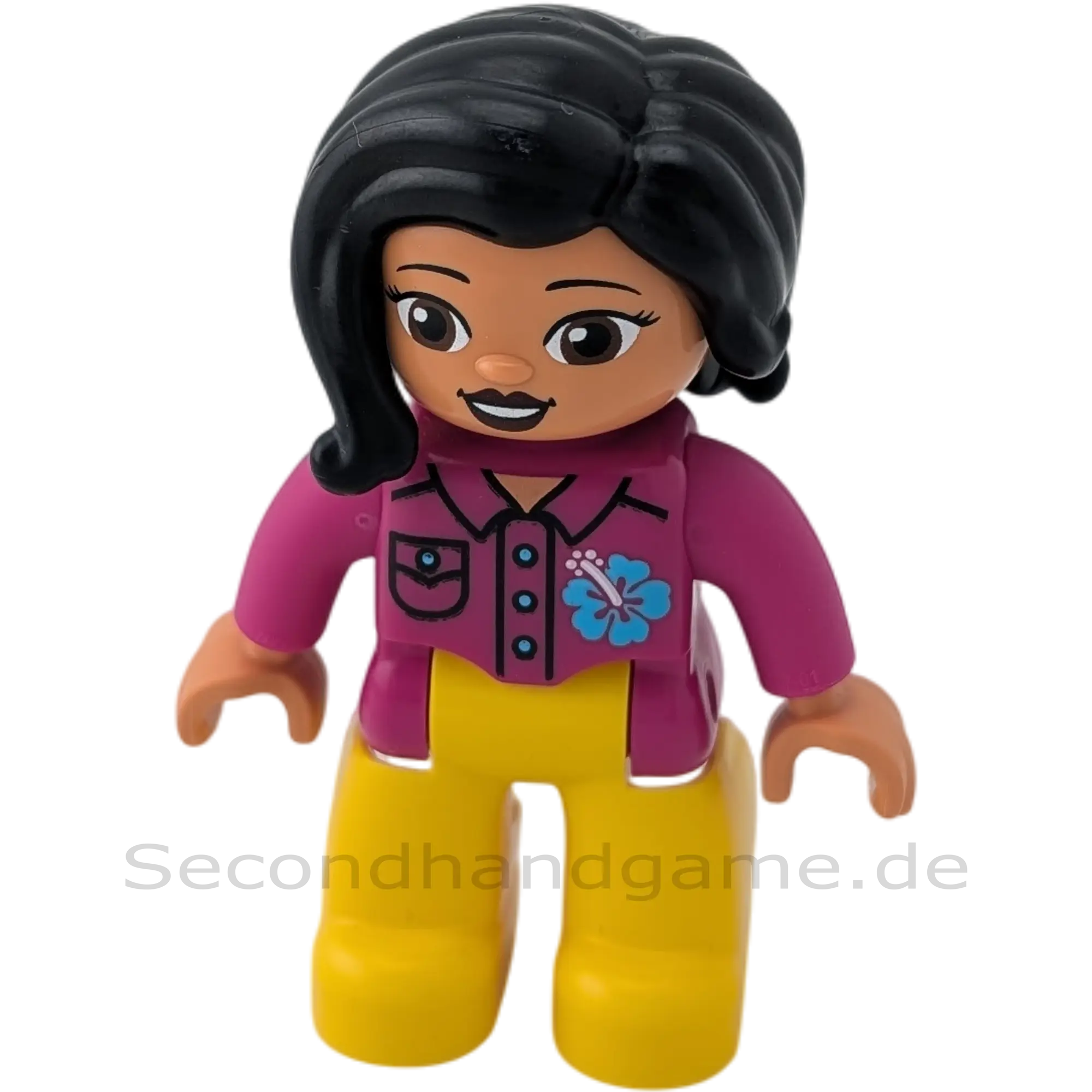 Lego Duplo 126H9 Frau mit pinker Bluse und Blumenaufdruck und gelber Hose, schwarze wellige Haare