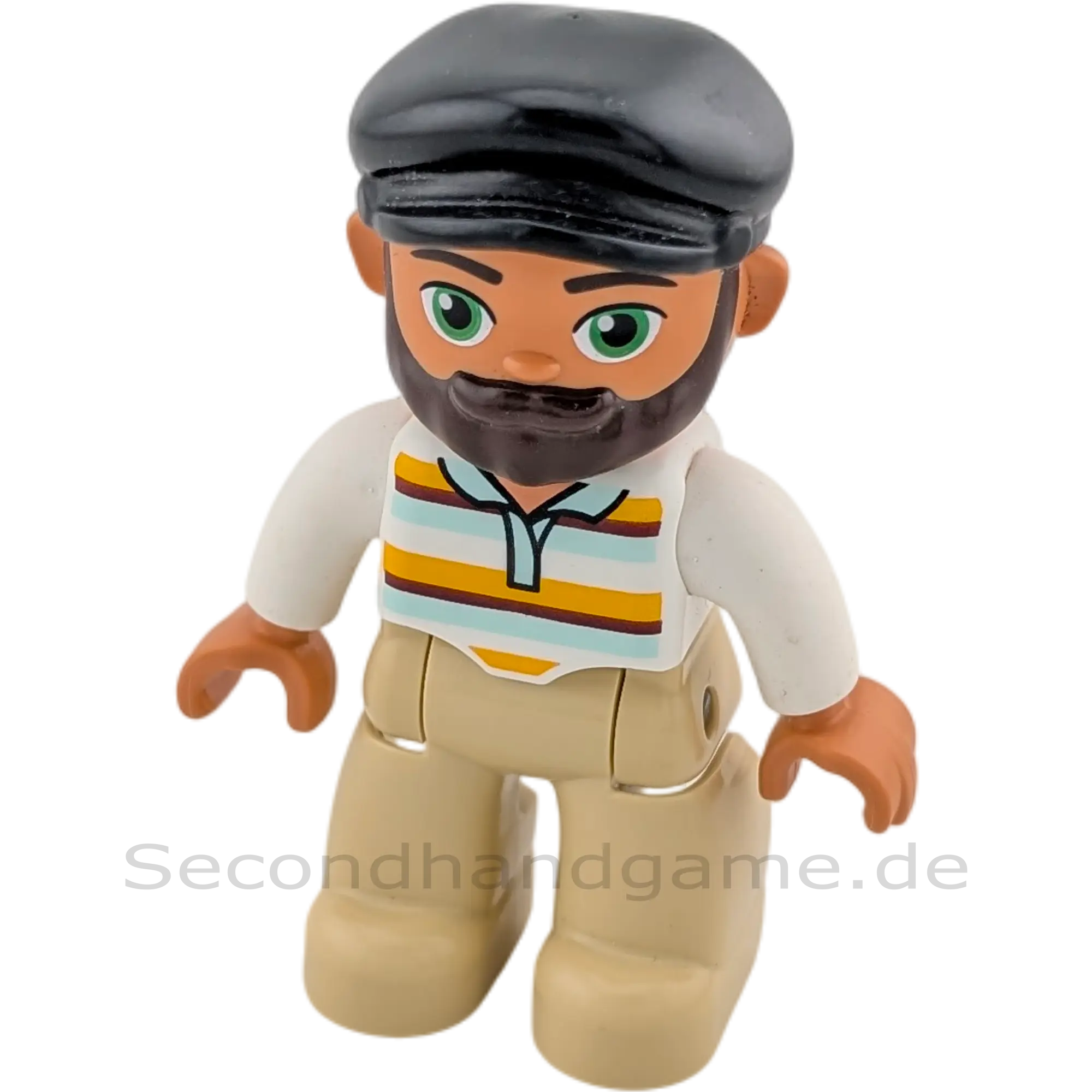 Lego Duplo 226H1 Mann mit schwarzer Kappe, Bart, Weiß gestreiftes Polo beige Hose