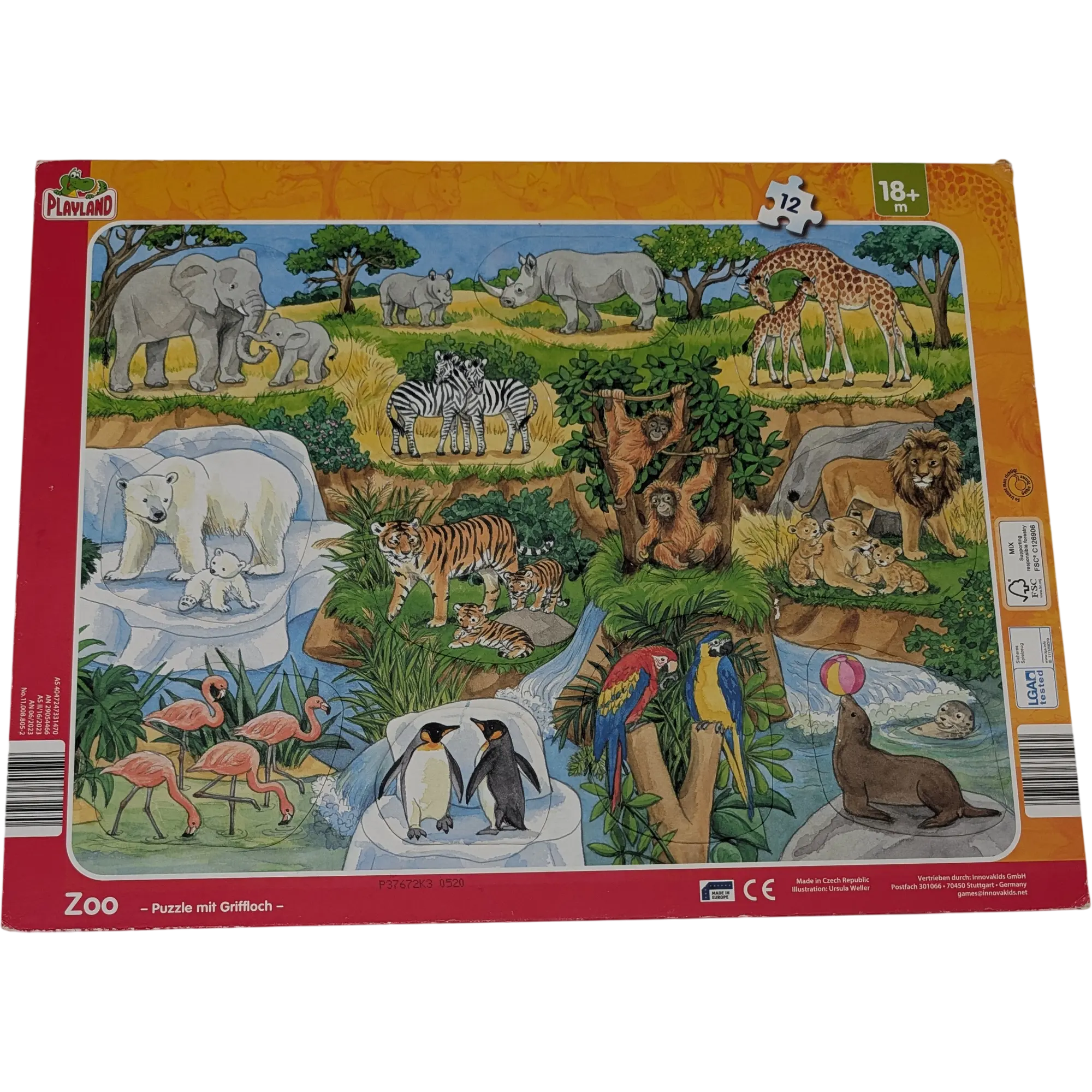 Playland Rahmenpuzzle Zoo 12 Teile Grifflochpuzzle ab 18 Mon.