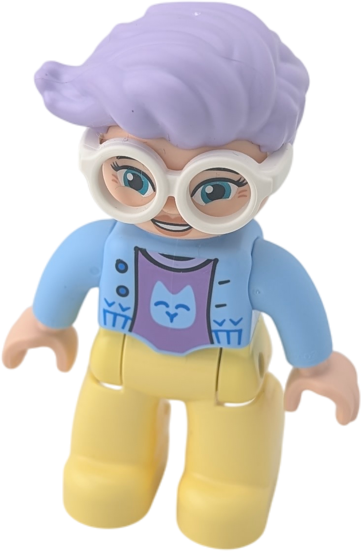 Lego Duplo 205H5 Mann Punk Lila Haare Hellblauer Pulli mit Katze, Brille