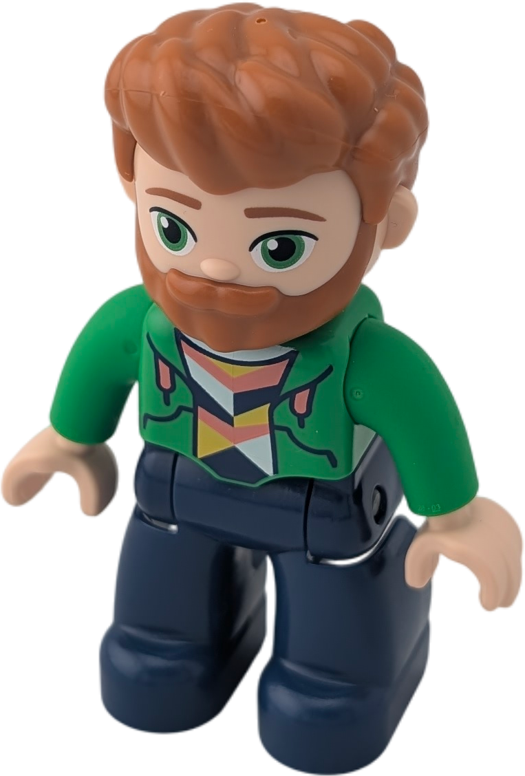 Lego Duplo 145H4 Mann mit Dunkelblaue Hose, grüne Jacke, Bart Rotbraune Haare