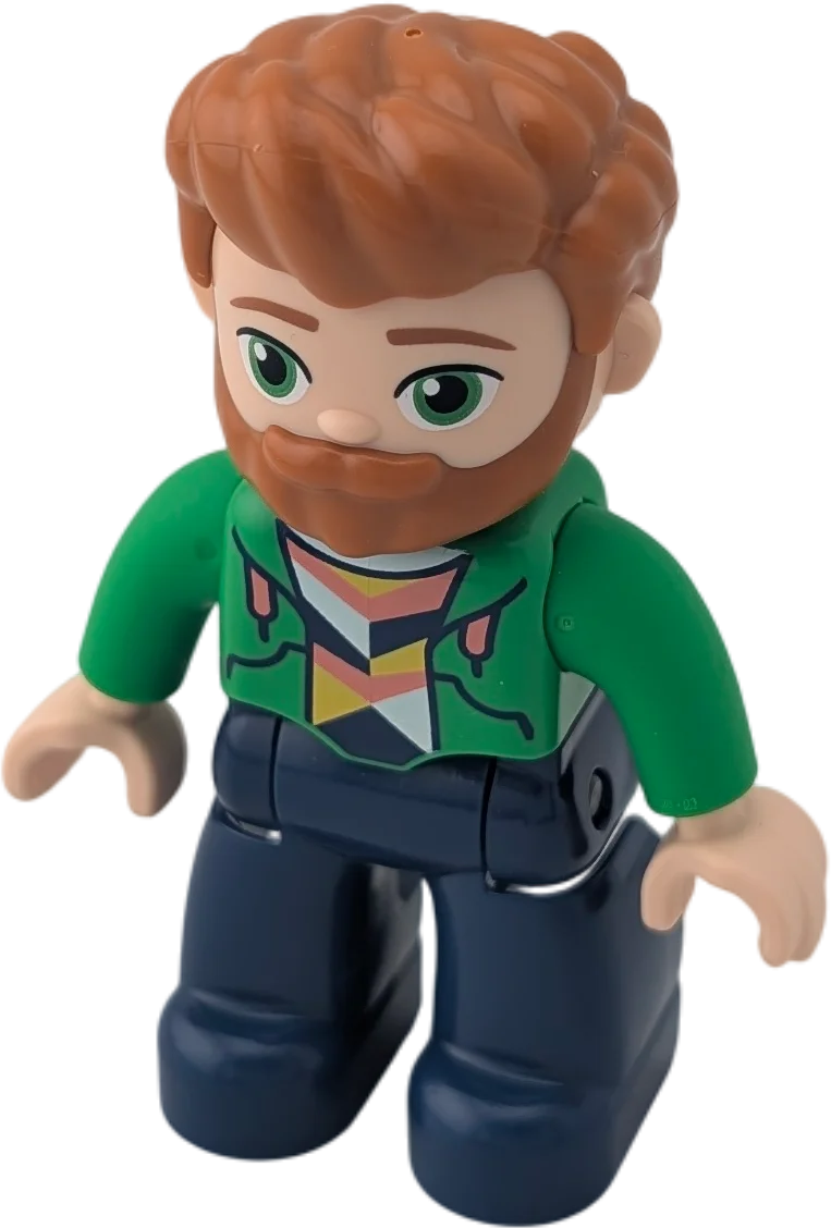Lego Duplo 145H4 Mann mit Dunkelblaue Hose, grüne Jacke, Bart Rotbraune Haare