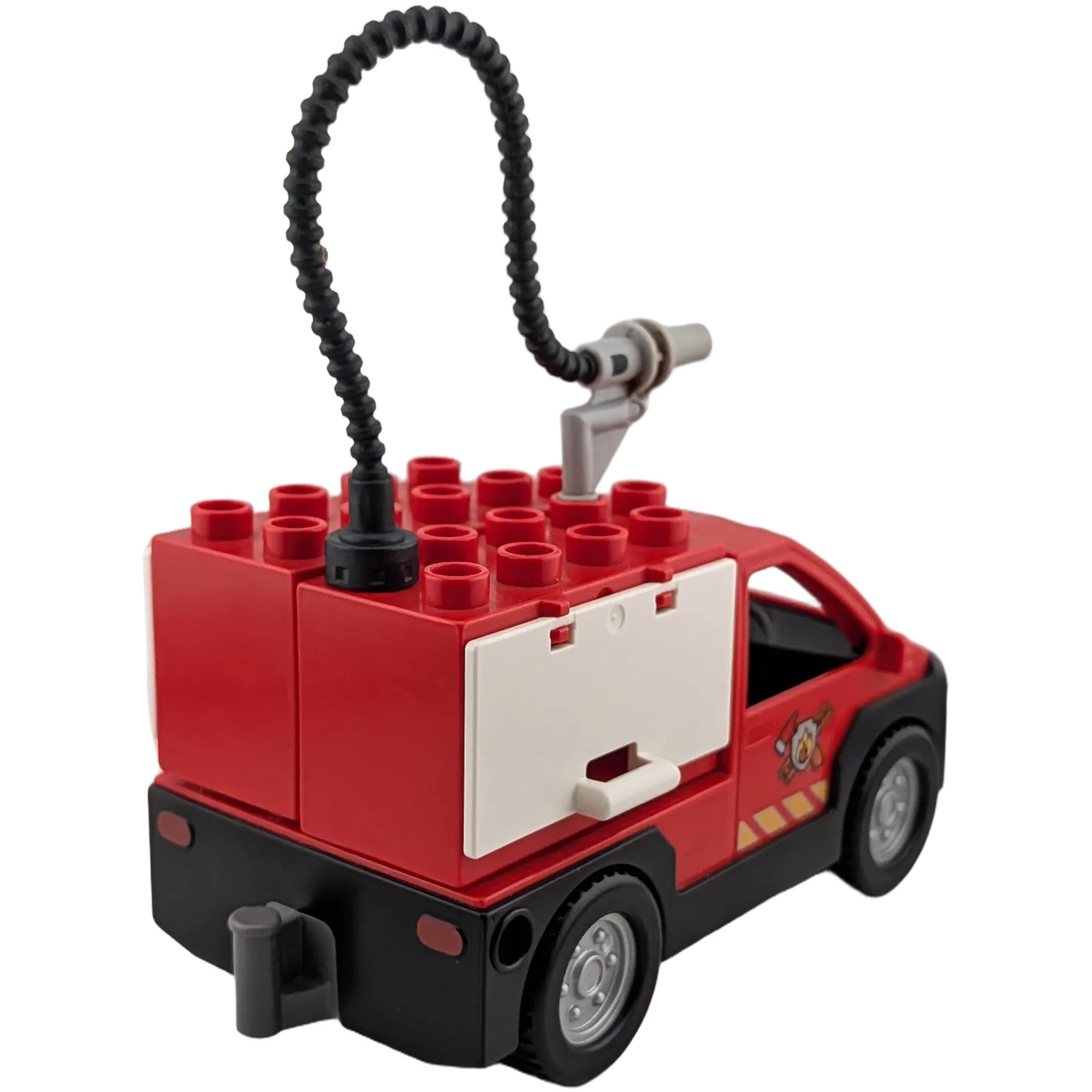 Lego Duplo Feuerwehrauto Jeep Rot mit zwei Schränken auf der Ladefläche und Feuerwehrschlauch, Ansicht 2