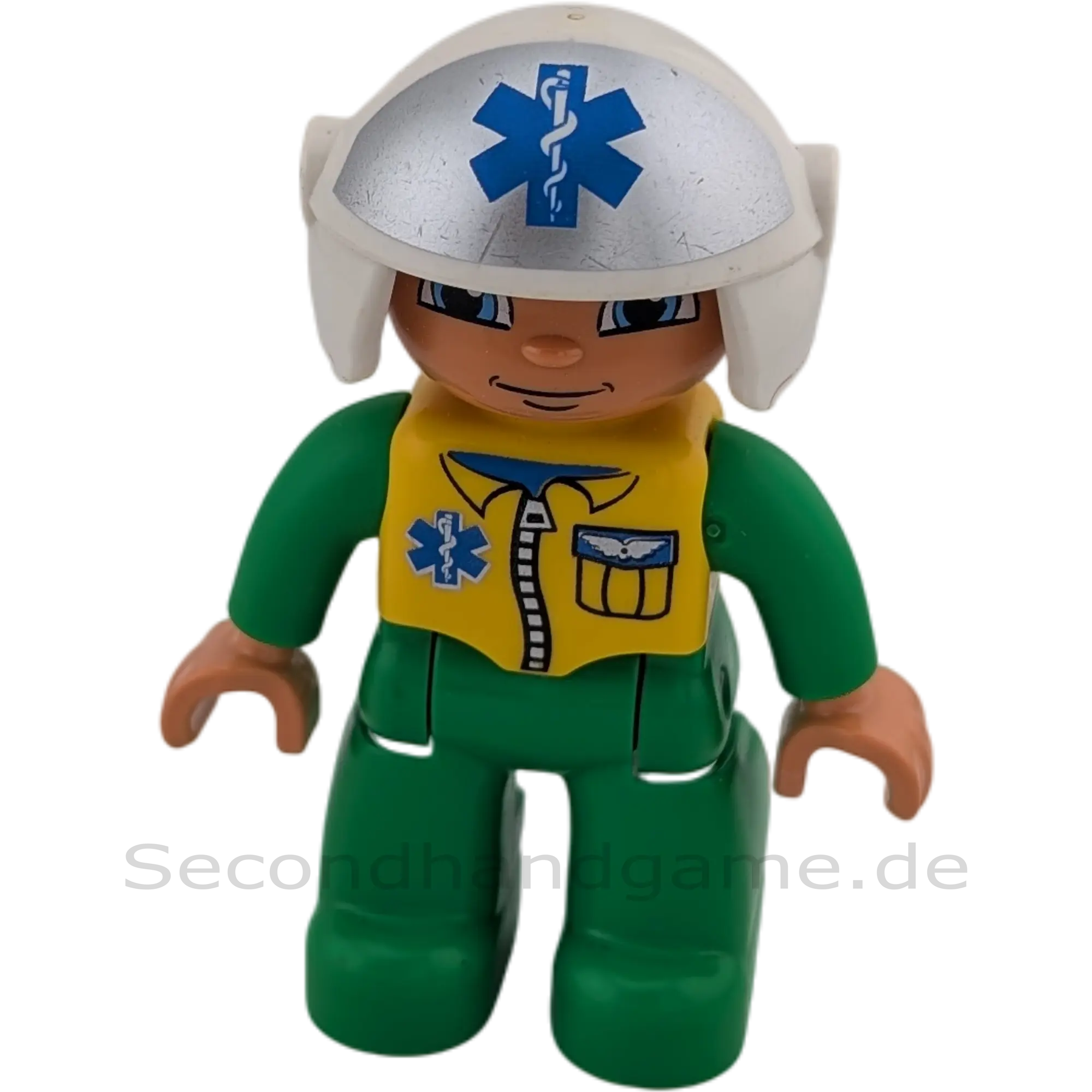 Lego Duplo Mann 742H2 Arzt Rennfahrer Grün gelber Anzug mit silbernem Helm Mit Medizinlogo