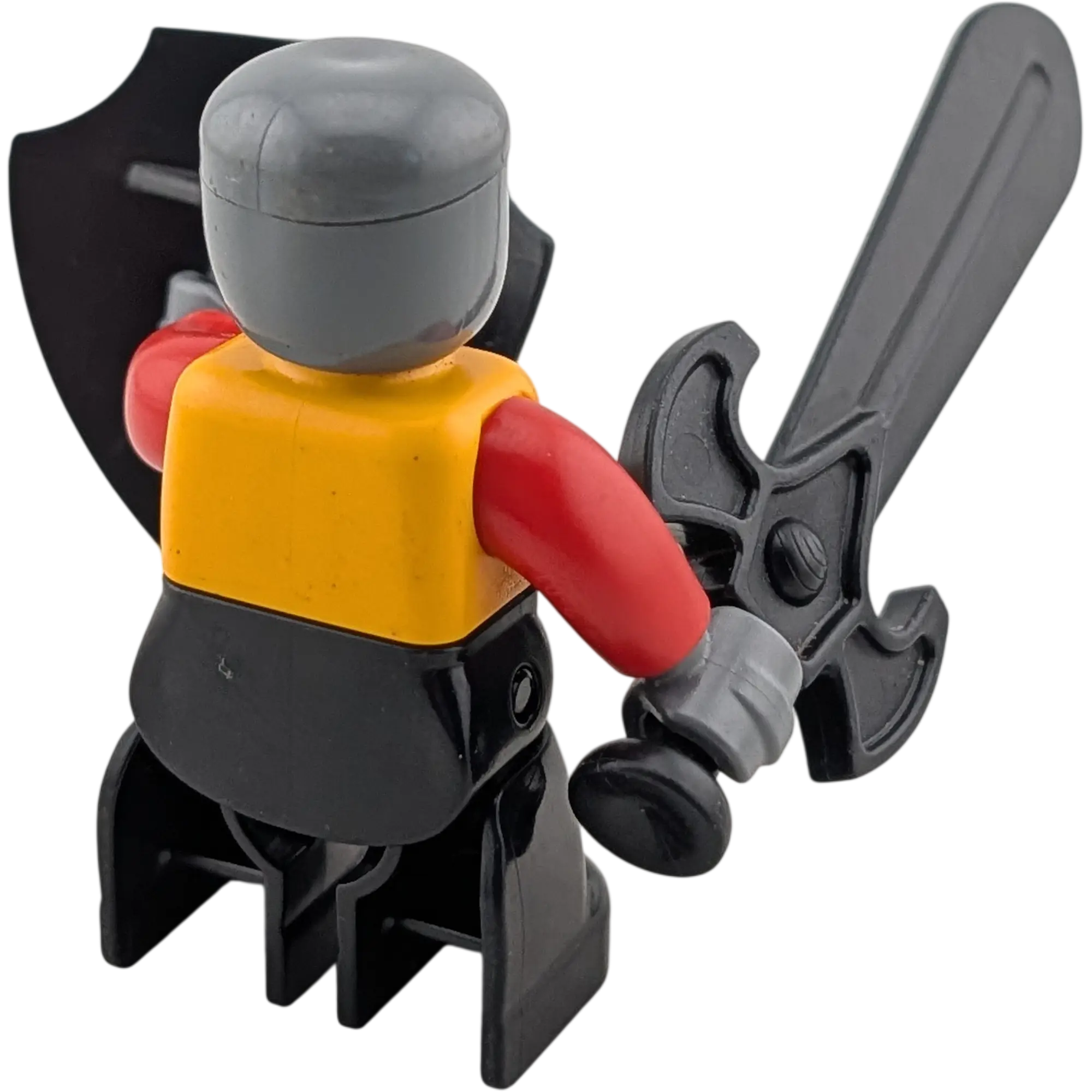 Lego Duplo Mann Ritter Drache Gelborange Rot mit grauer Kettenhaube, Schwert und Schild mit schwarzem Drachensymbol