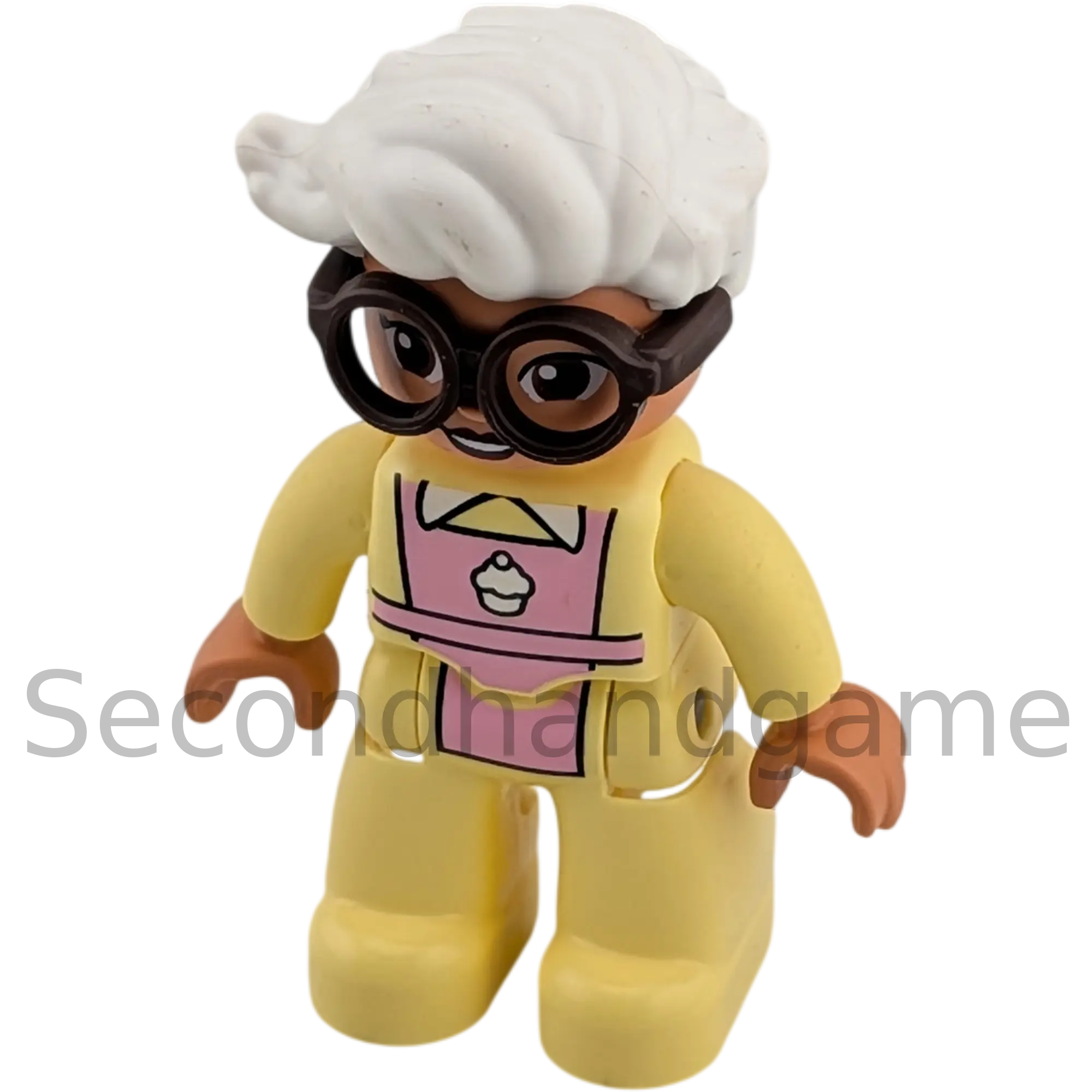 Lego Duplo Frau Bäckerin weißes Haar Brille Gelber Anzug mit Rosa Schürze mit Muffin