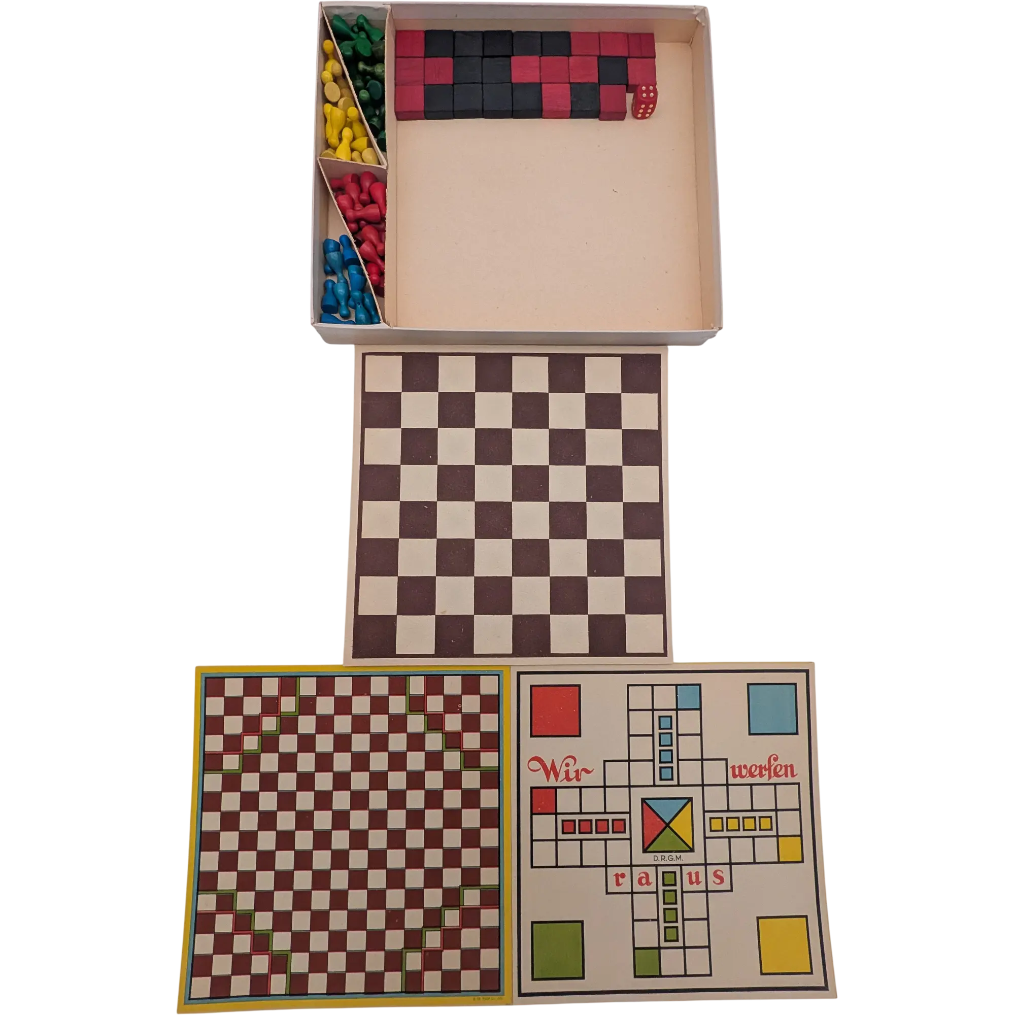 Spiel-Magazin Vintage Spielesammlung mit Holzfiguren Schach Dame Mühle Halma Wir werfen raus, Ansicht 2