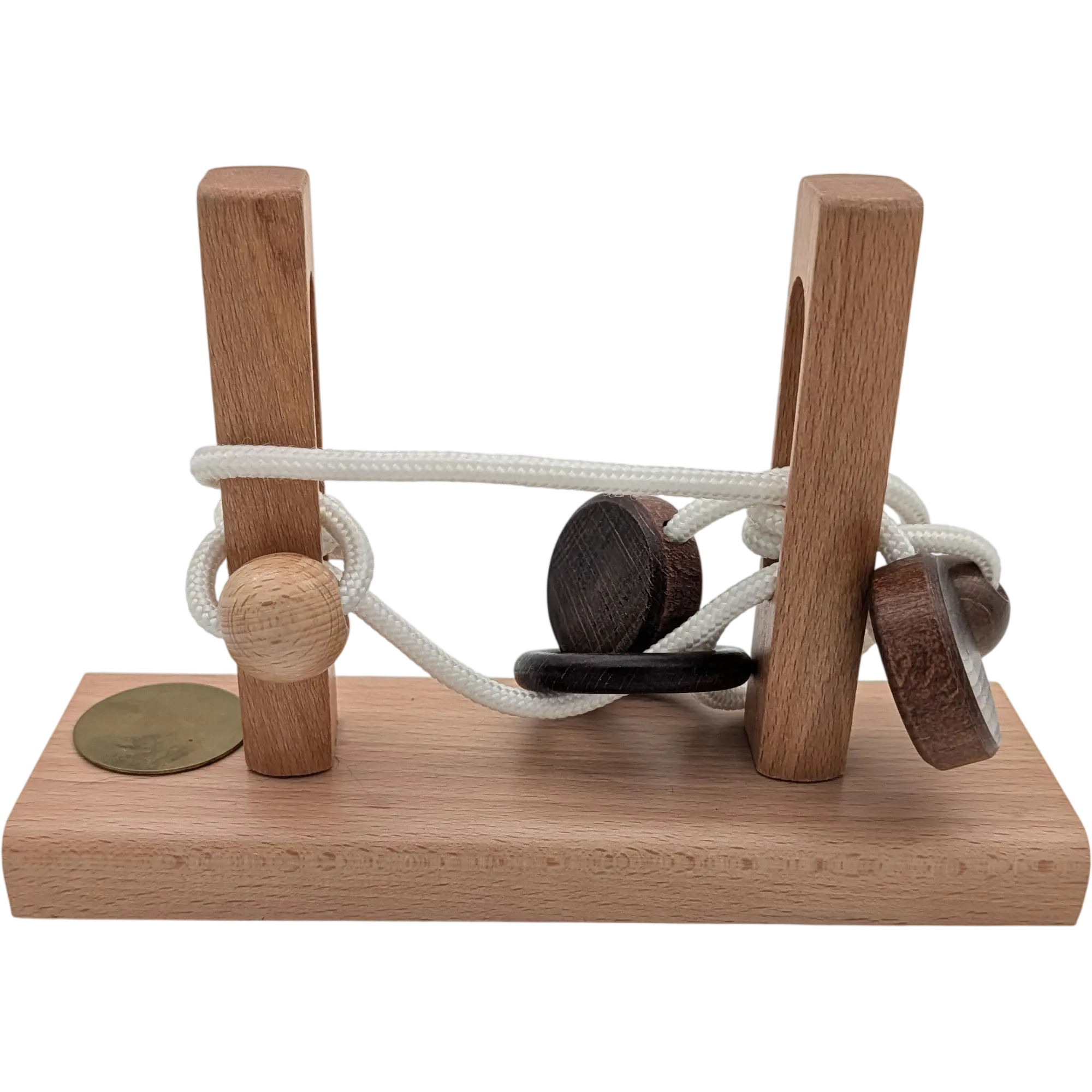 Holzspiel Geduldspiel Seilpuzzle Knobelspiel mit Kordel, Ring, Kugel und Holzscheiben