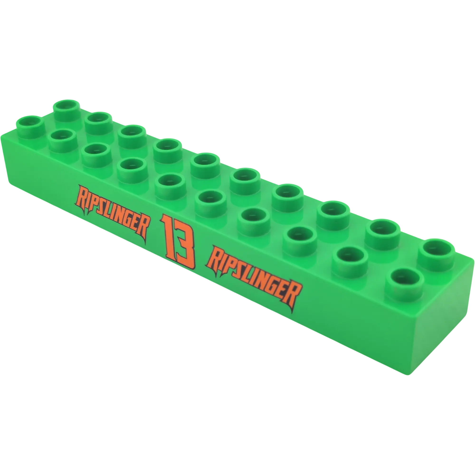 Lego Duplo 2x10 Baustein 2291 Mittelgrün mit der Aufschrift Ripslinger 13