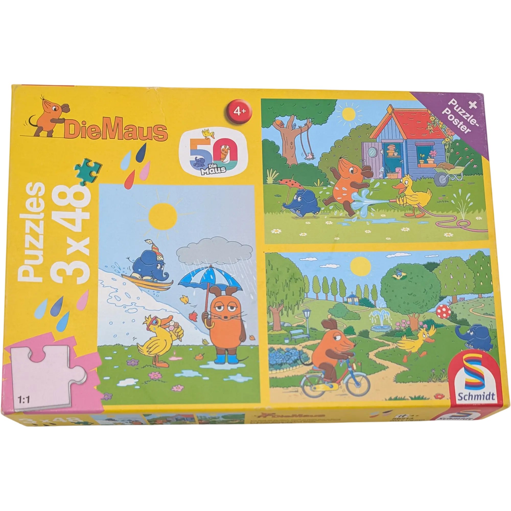 Schmidt Puzzle 3 x 48 Teile 56213 Die Maus 50 Jahre Viel Vergnügen mit der Maus plus Poster
