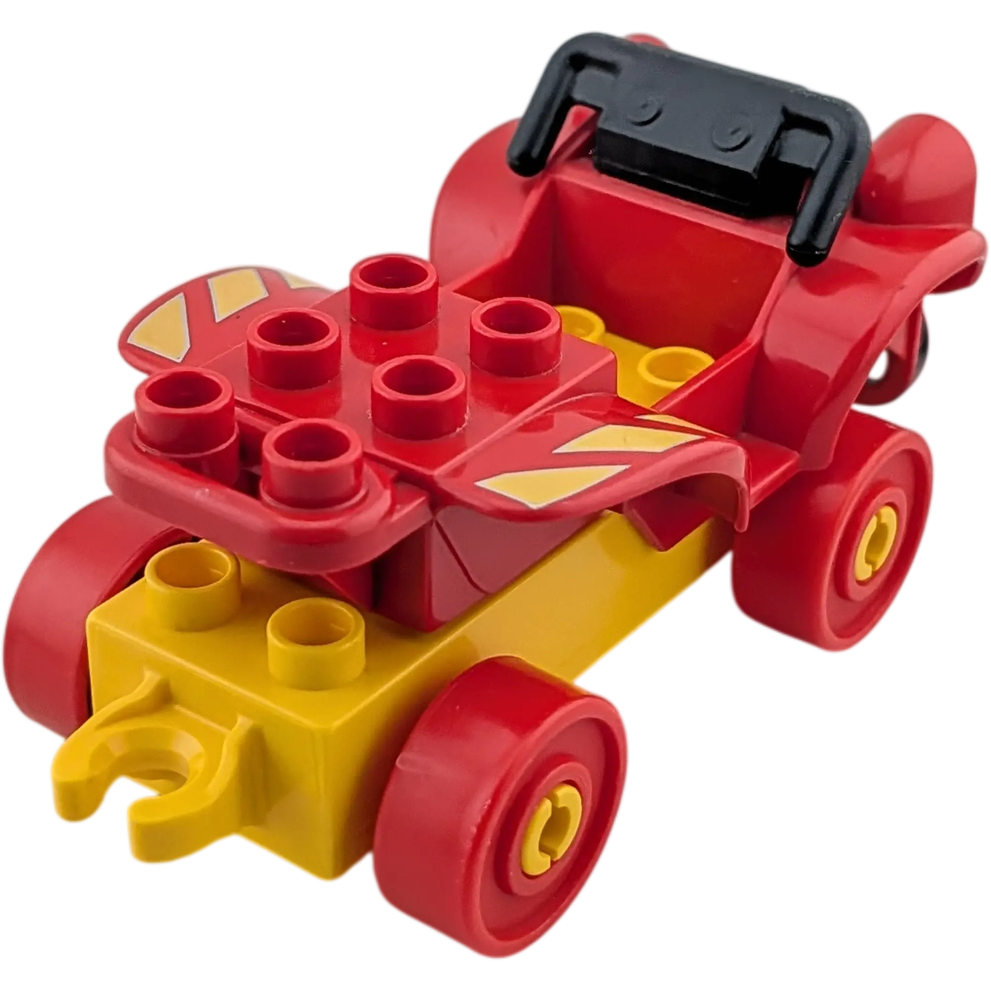 Lego Duplo 4506 Quad Rot mit Feuerwehrsymbol auf gelbem Fahrgestell mit roten Rädern und Anhängerkupplung, Ansicht 2
