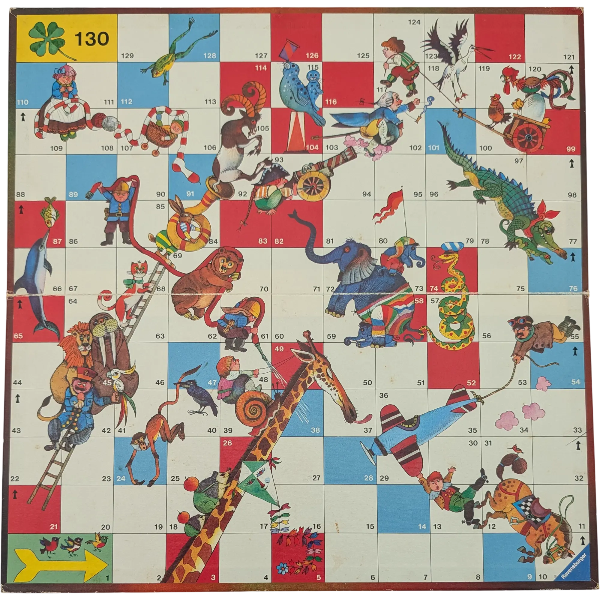 Spielplan Spielbrett Ravensburger Gänsespiel, altes Schlangen und Leiterspiel beidseitig bedruckt