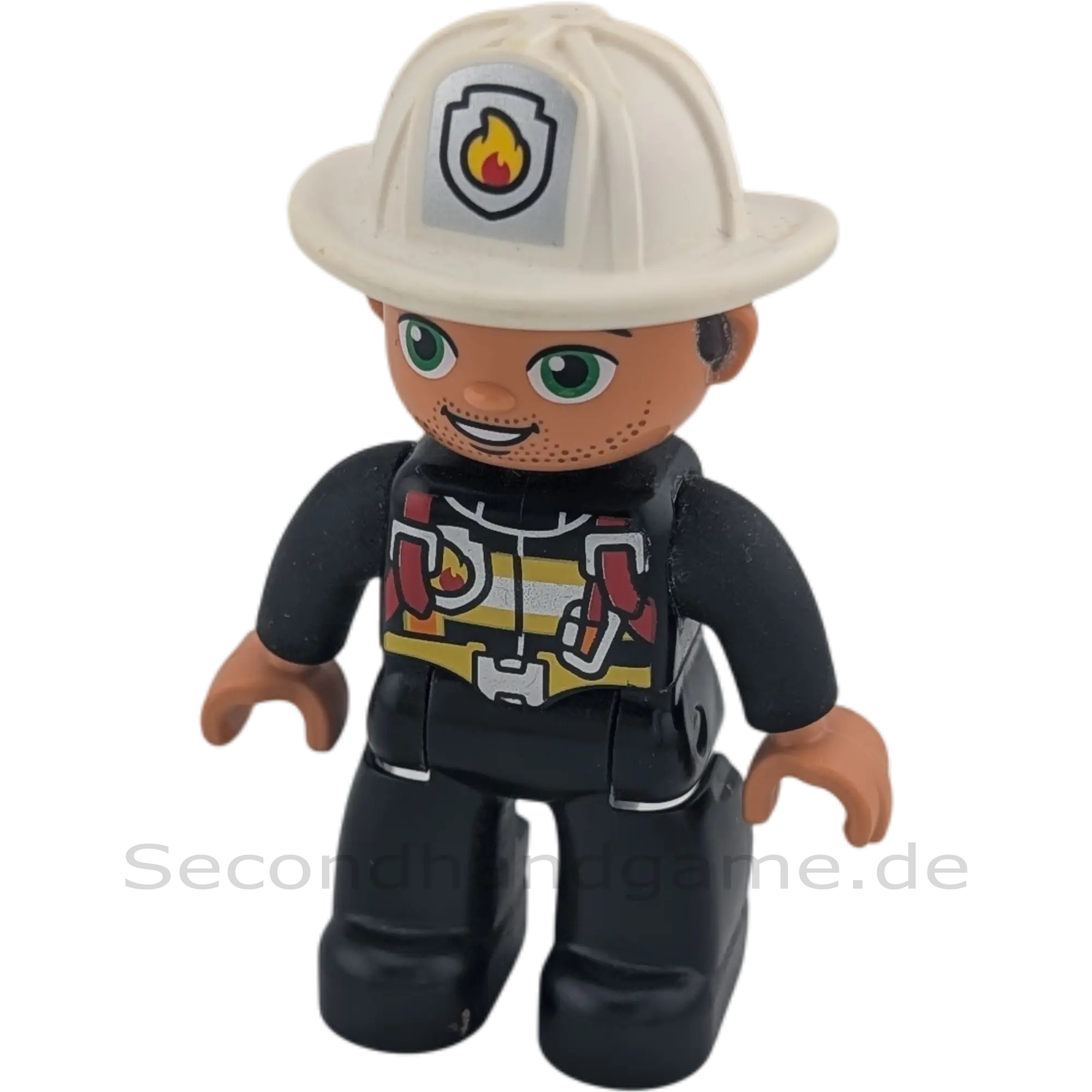 Lego Duplo 443H8 Feuerwehrmann schwarzer Anzug, weißer Helm, roter Sicherheitsgurt Bartstoppeln