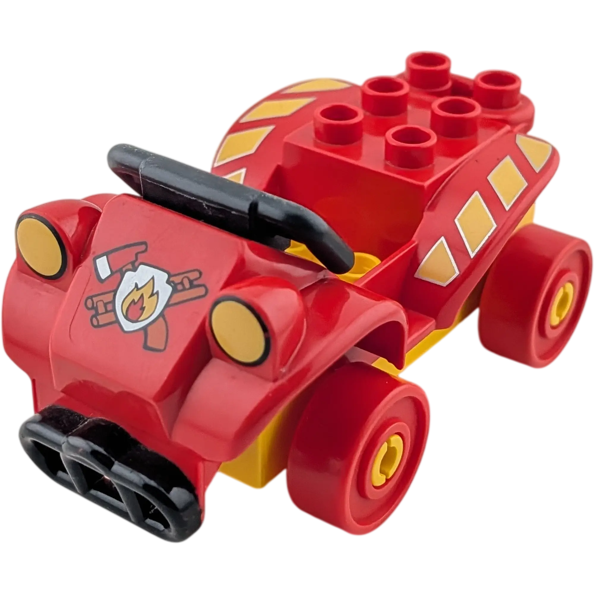 Lego Duplo 4506 Quad Rot mit Feuerwehrsymbol auf gelbem Fahrgestell mit roten Rädern und Anhängerkupplung