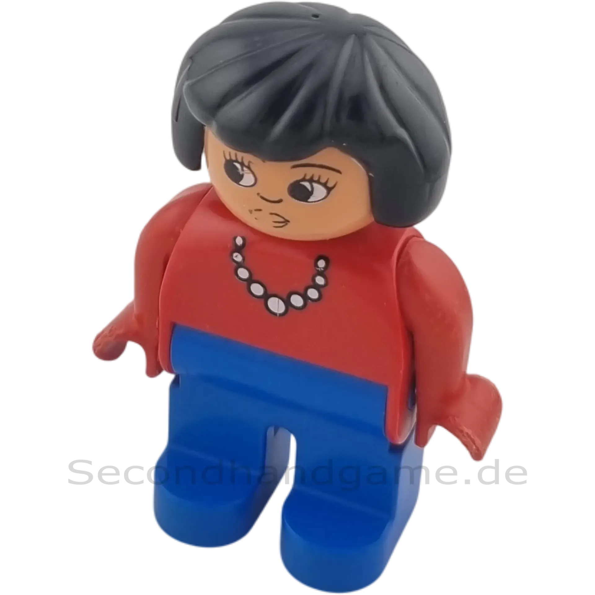 Lego Duplo Figur Frau mit schwarzen Haaren blaue Hose und roter Jacke und Kette