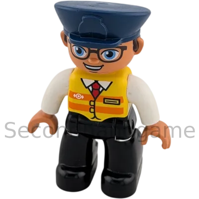Lego Duplo Mann 444H0 Schaffner Zugführer gelborangene Weste Krawatte rot Mütze Blau Brille