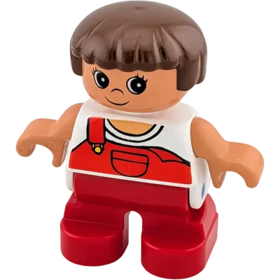 Lego Duplo Mädchen mit roter Latzhose braune mittellange Haare Steinschleuder in der Hosentasche