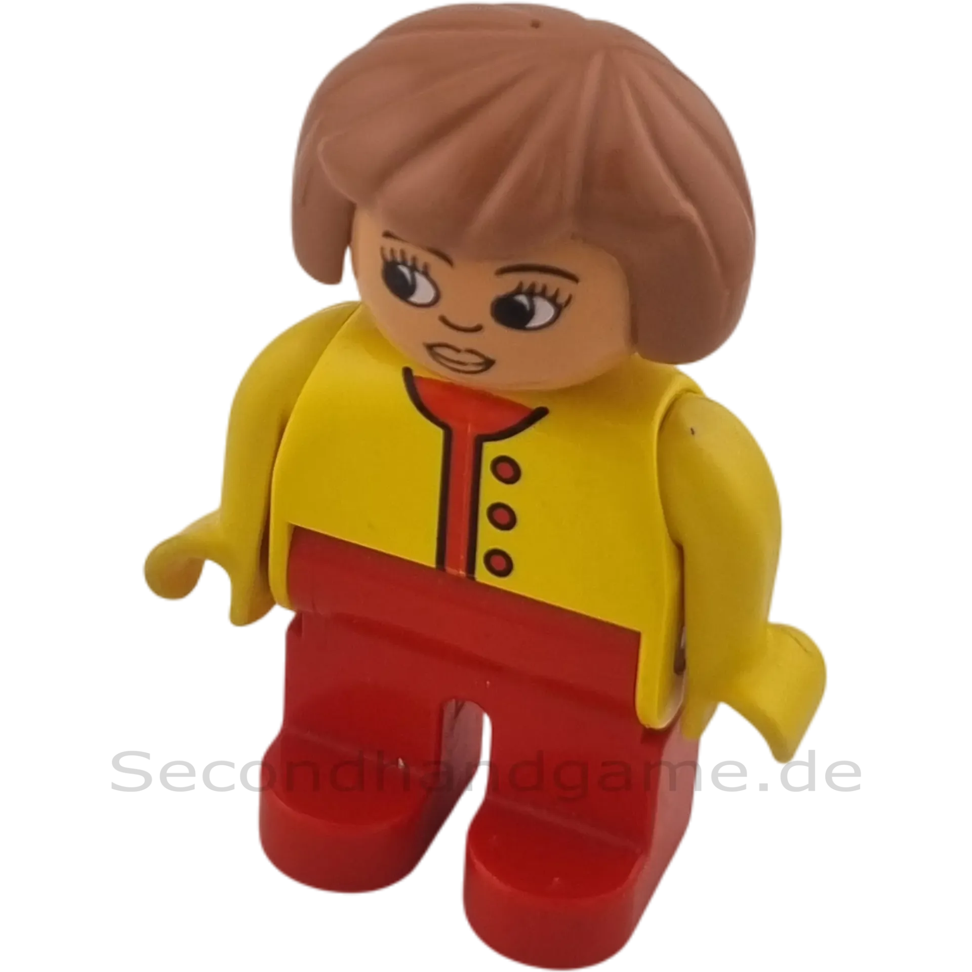 Lego Duplo Figur Frau mit braunen Haaren rote Hose und gelber Jacke