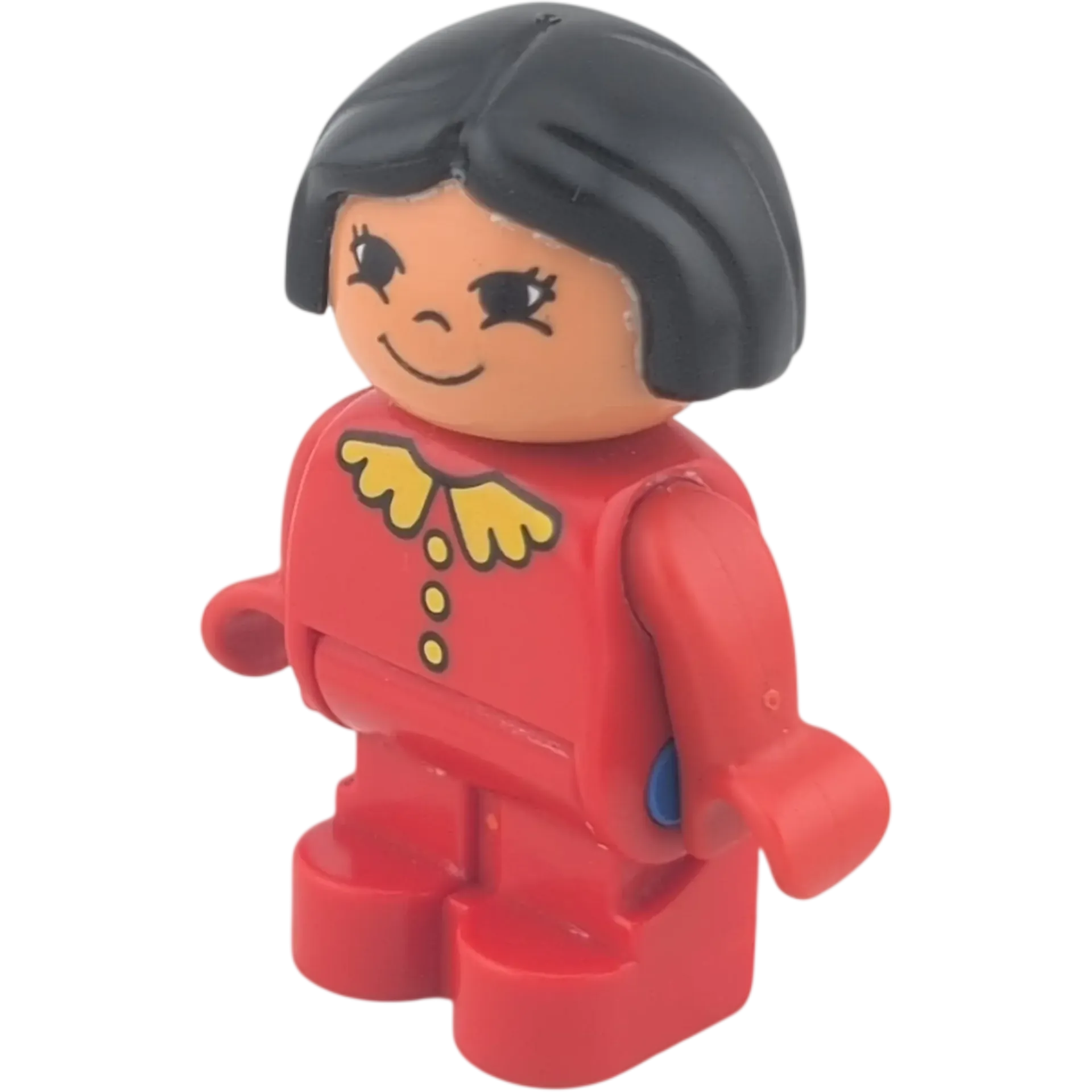 Lego Duplo Figur Mädchen Kleinkind schwarze kurze Haare roter Anzug gelber Kragen