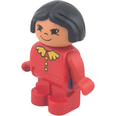 Lego Duplo Figur Mädchen Kleinkind schwarze kurze Haare roter Anzug gelber Kragen