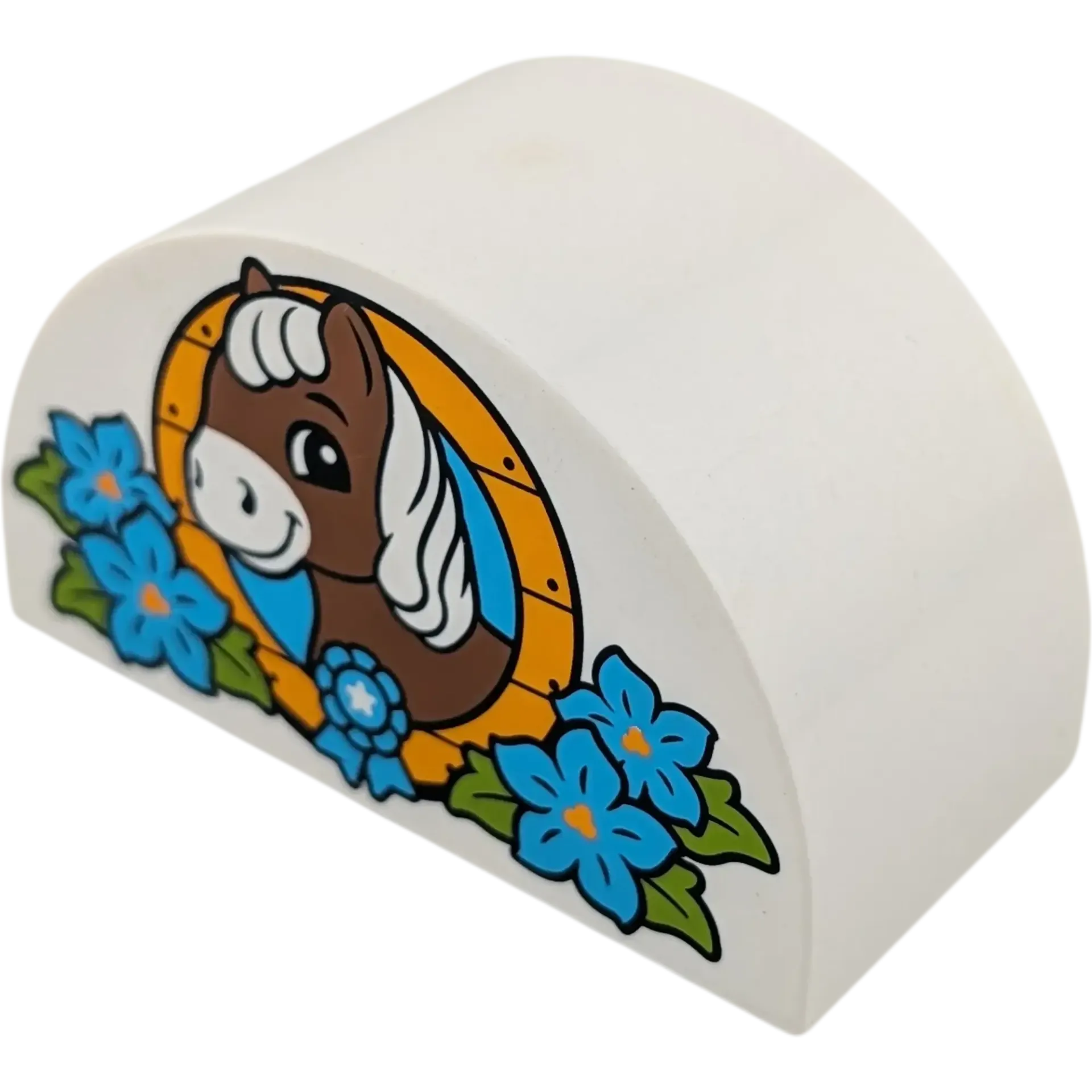 Lego Duplo Stein 2x4 Halbkreis, Weiß bedruckt – Pferd, Medaille & Blumen 