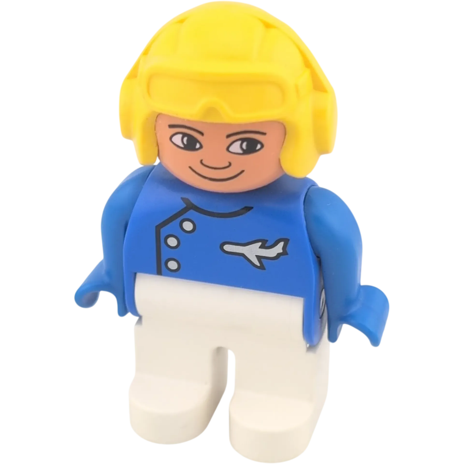 Lego Duplo Figur 4555 Pilot Uniform Blau Weiß mit Flugzeug Symbol und gelbem Pilotenhelm und Brille