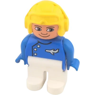 Lego Duplo Figur 4555 Pilot Uniform Blau Weiß mit Flugzeug Symbol und gelbem Pilotenhelm und Brille