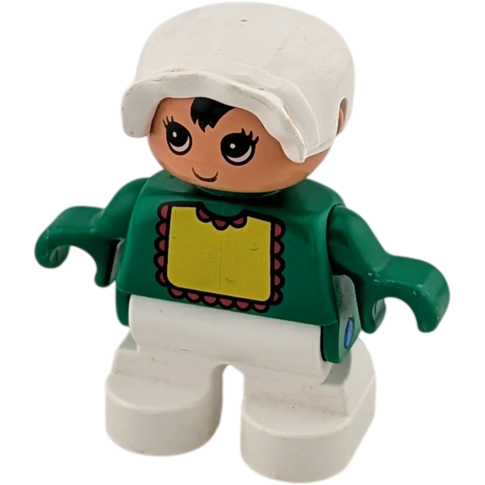 Lego Duplo Kind Baby mit gelben Lätzchen und grünem Oberteil weiße Hose und Mütze