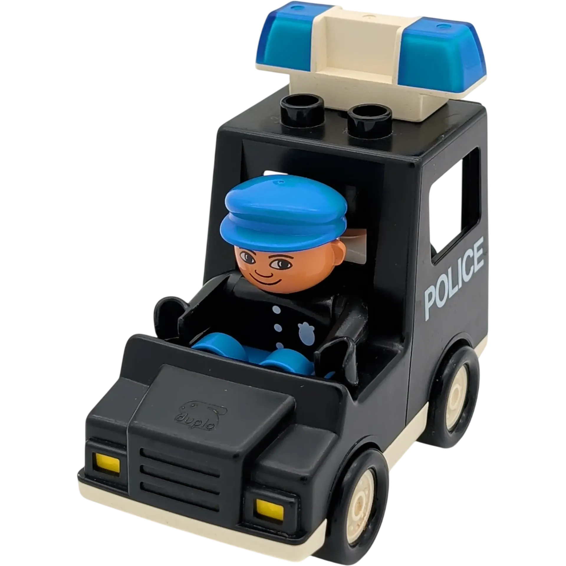 Lego Duplo Polizeiauto Schwarz Weiß Gefangenentransport mit Polizist und Verbrecher