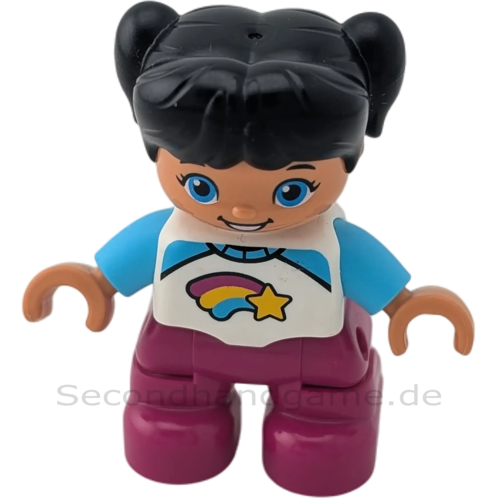 Lego Duplo 441H1 Mädchen Pulli mit Sternschnuppe und Regenbogen, pinke Hose, schwarze Zöpfe