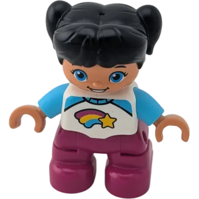 Lego Duplo 441H1 Mädchen Pulli mit Sternschnuppe und Regenbogen, pinke Hose, schwarze Zöpfe