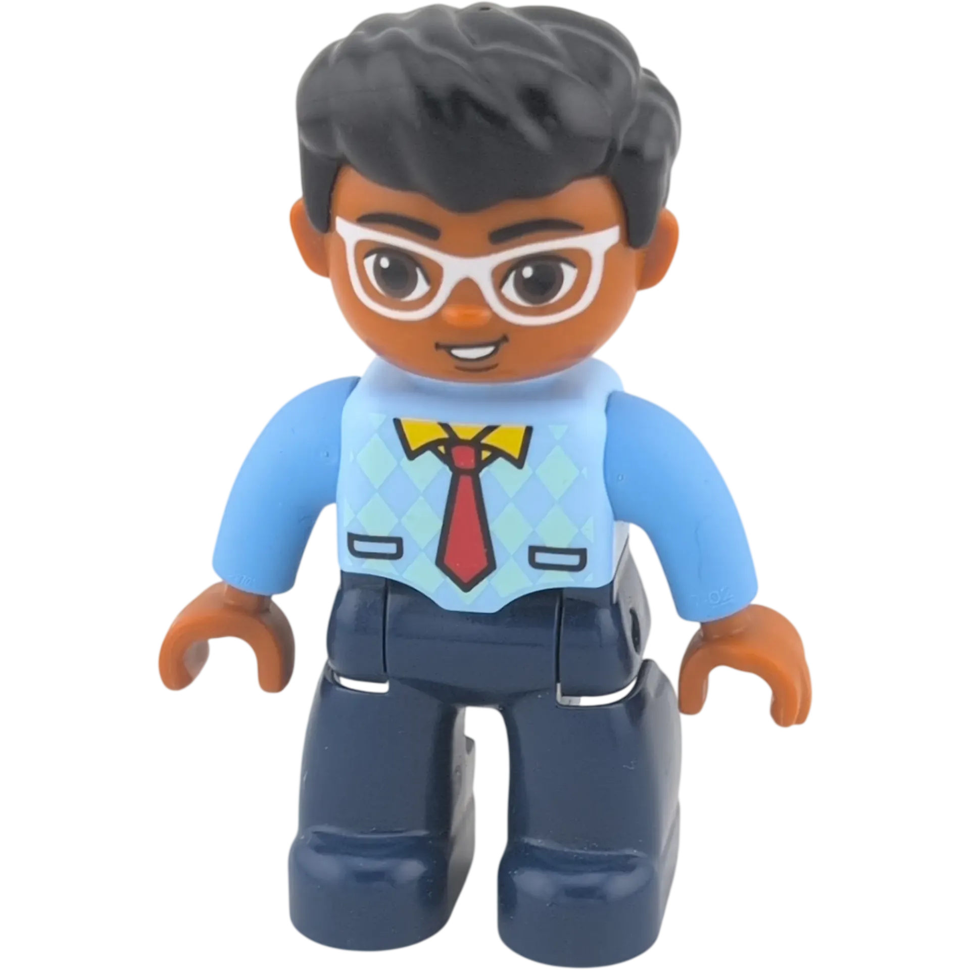 Lego Duplo 4555 Mann Oberteil hellblau rote Krawatte, gelber Kragen, Brille, schwarze Haare, West kariert