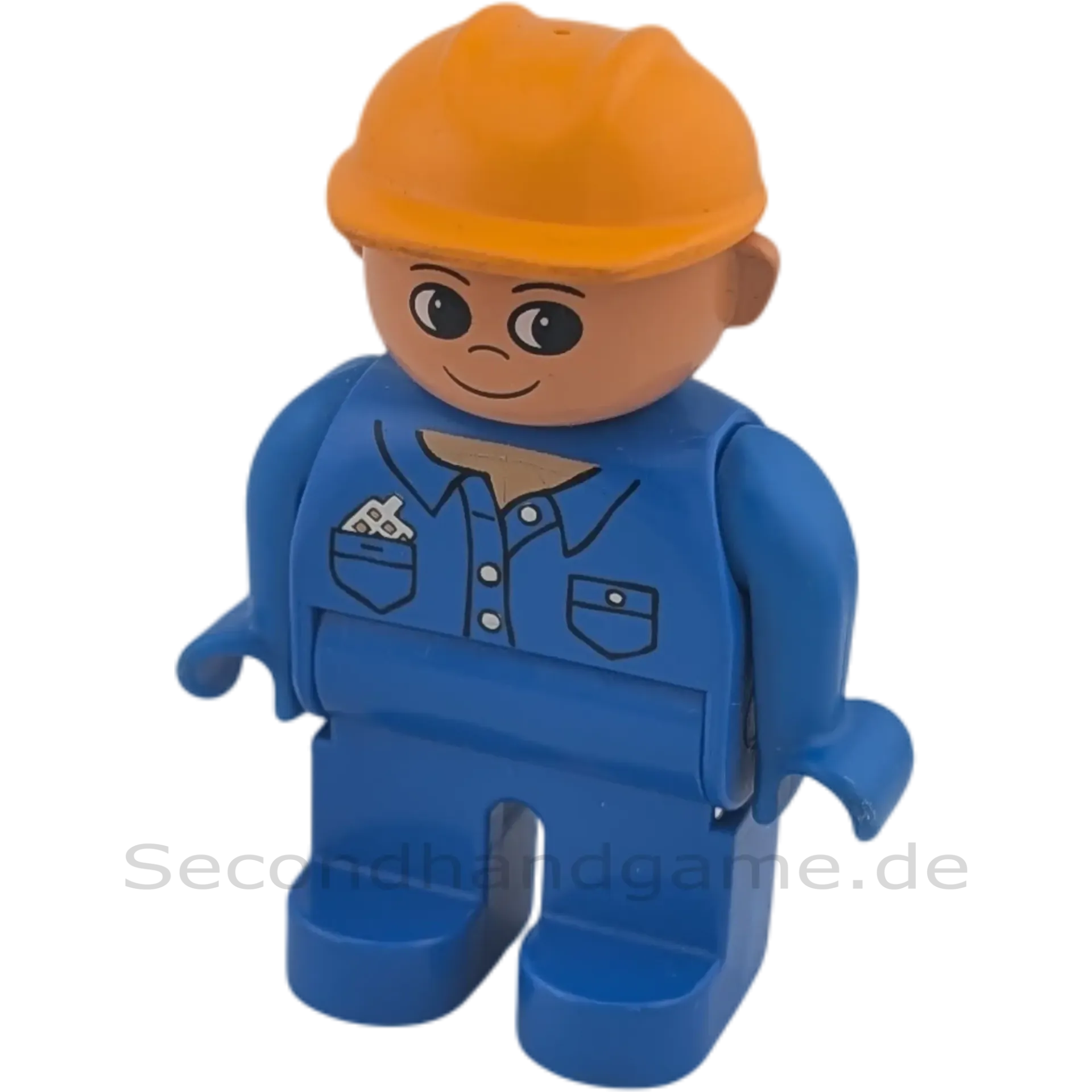 Lego Duplo 4555 Bauarbeiter im Blauman mit orangenem Helm mit Handy in der Brusttasche, Cargo Aufdruck