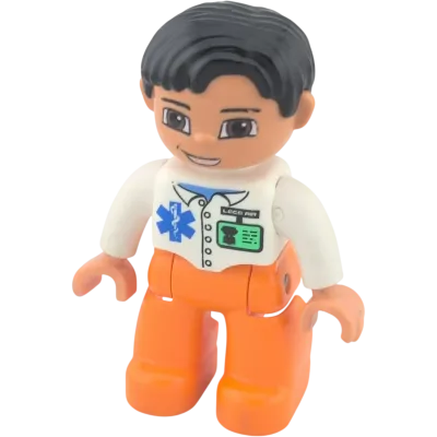 Lego Duplo 47394 Mann Sanitäter Arzt Pfleger weißer Kittel, orangene Hose, schwarze Haare