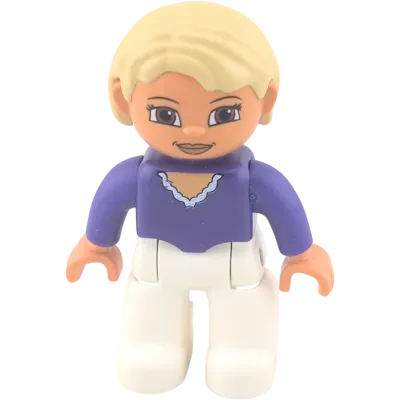 Lego Duplo Frau blonde Haare, weiße Hose, lila Oberteil