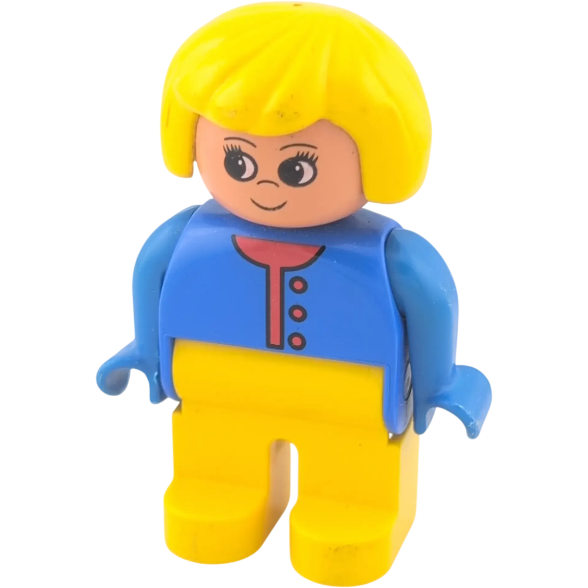 Lego Duplo 4555 Frau blonde Haare, gelbe Hose, blaue Strickjacke roter Kragen