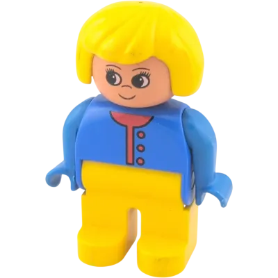 Lego Duplo 4555 Frau blonde Haare, gelbe Hose, blaue Strickjacke roter Kragen