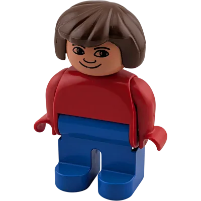 Lego Duplo Frau mit braunen Haaren blaue Hose und roter Jacke