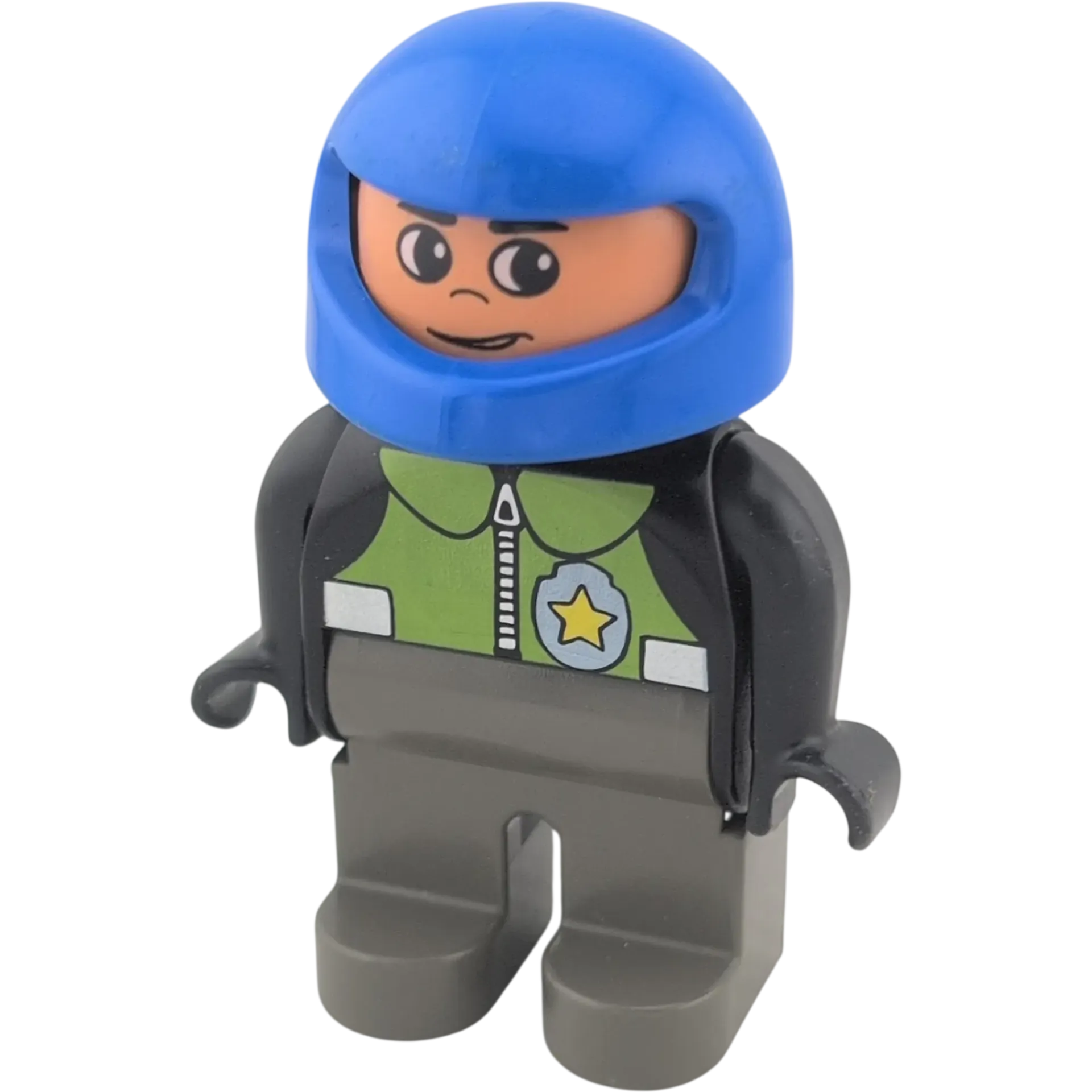 Lego Duplo Mann Polizist schwarze Jacke mit Sheriffstern, graue Hose, blauer Motorradhelm