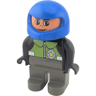 Lego Duplo Mann Polizist schwarze Jacke mit Sheriffstern, graue Hose, blauer Motorradhelm