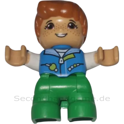 Lego Duplo Figur Junge 125H4 Kind mit Sommersprossen Blaue Jacke Grüne Hose 