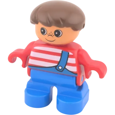 Lego Duplo Junge braune Haare, mit Latzhhose Shirt Rot Weiß Sommersprossen