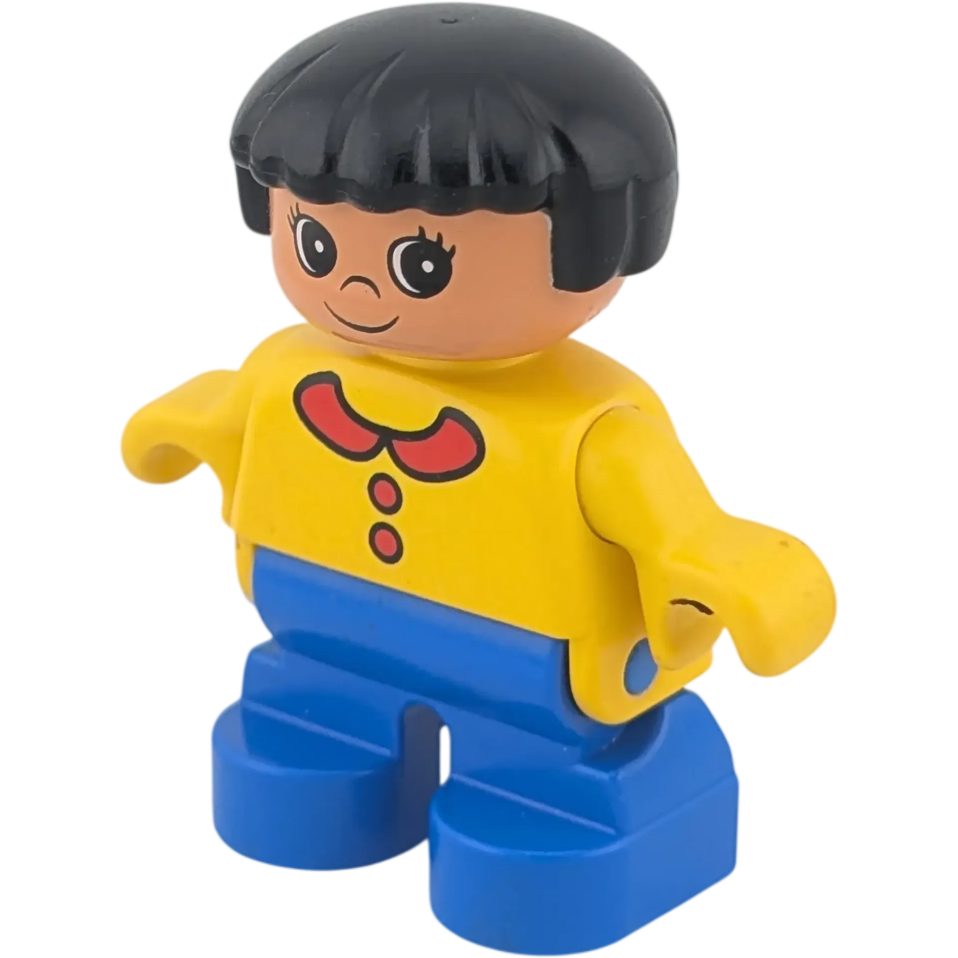 Lego Duplo Figur Mädchen schwarze kurze Haare gelbe Bluse roter Kragen blaue Hose