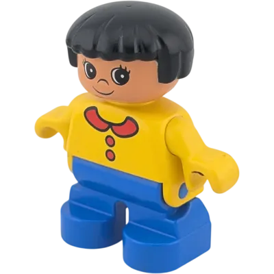 Lego Duplo Figur Mädchen schwarze kurze Haare gelbe Bluse roter Kragen blaue Hose