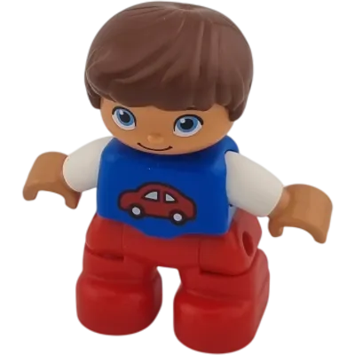 Lego Duplo Junge mit Autopulli und roter Hose, brauner Haare