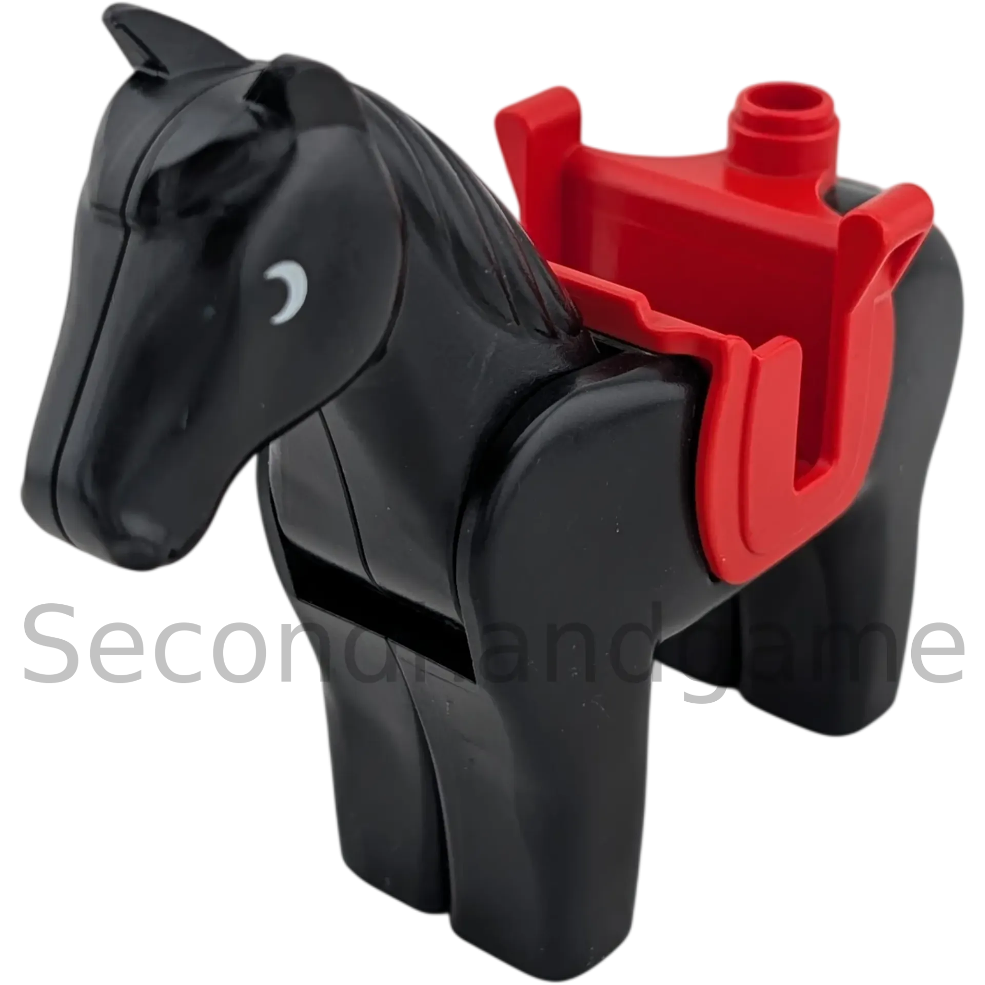 Lego Duplo Pferd Schwarz mit beweglichem Kopf und rotem Sattel